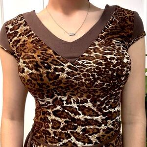 Leopard Print Fitted V Neck Top Size Small